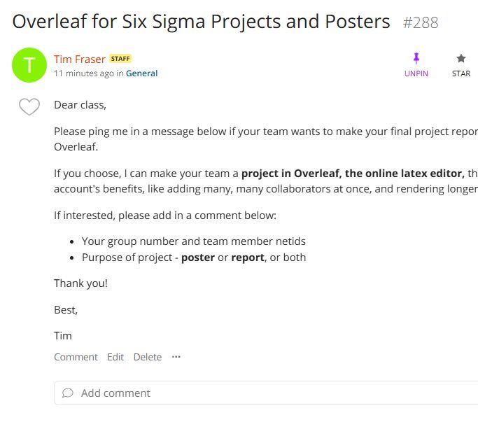 Canvas announcement from Tim Fraser: Overleaf for Six Sigma Projects and Posters, offering shared Overleaf project space to teams