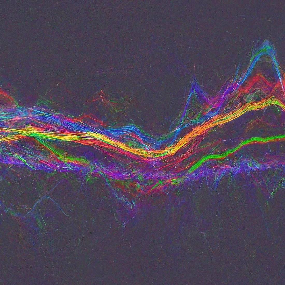 Bundles of coloured filaments streaming across a dark ground